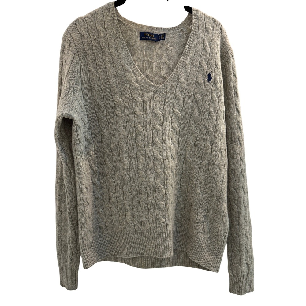 Polo Ralph Lauren Sweater Womens L Gray Wool Cashmere Cable Knit V-Neck Preppy